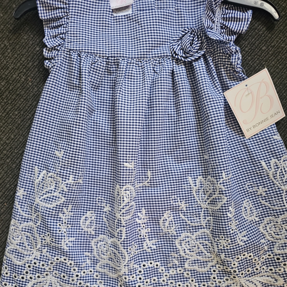 Bonnie Jean Navy Gingham Dress with White Floral Accents